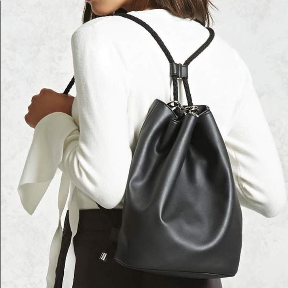 Forever21 Black Leather Drawstring Bucket Backpack